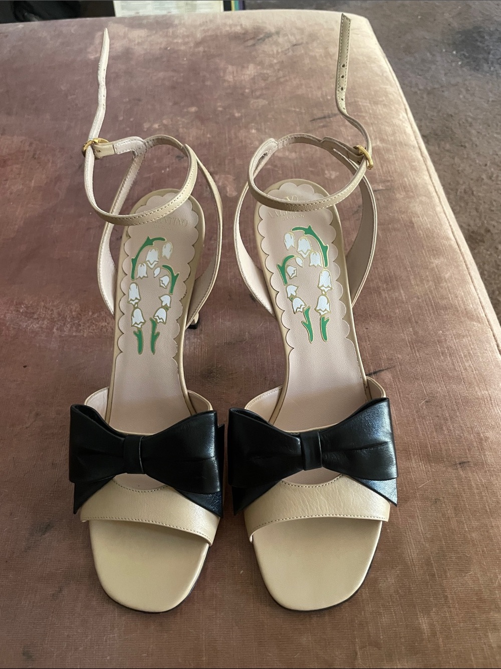 Valentino Garavani Cream and Black Bow Ankle-Strap Heels